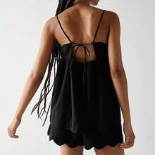 Womens Casual 2 Piece Outfits Sleeveless Scalloped Trim Cami Tops + Shorts Set Loungewear - màu đen - Xem 3