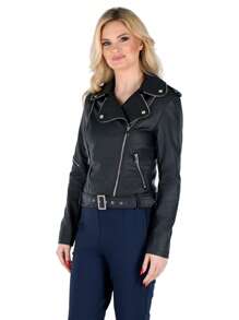 Jaqueta curta feminina outono e inverno moda motociclista casual slim bomber casaco - Preto - Ver 1