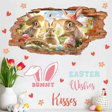 Pegatinas de pared de Pascua, lindas pegatinas 3D de conejo que se abren paso a través de la pared, calcomanías artísticas para ventanas, decoraciones para la oficina y el dormitorio. - Multicolor - Ver 3