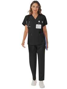 Solid Color V-Neck Short Sleeve Top & Elastic Waist Multi-Pocket Pants, Scrub Uniform Set - Black - View 4