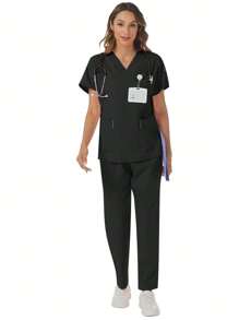 Ensemble de tenue de travail (Top col V manches courtes couleur unie et pantalon à taille élastique multi-poches)