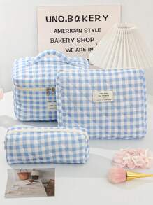 1 Pieza Bolsa de maquillaje con estampado de tablero de ajedrez para mujer, juego de bolsas de cosméticos azules lindas para decoración del hogar, bolsa con capacidad grande con asa, bolsa de maquillaje a cuadros azules, adecuada para almacenar brochas de maquillaje, lociones, limpiadores faciales, lápices labiales, pequeña bolsa de belleza para salones de uñas