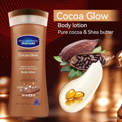King Love Beauty 420g 可可亮白身体乳液，采用纯可可和乳木果油制成，含有乳木果油的保湿配方。具有清新香味，不含酒精，适合所有肤质，舒缓肌肤，滋润肌肤，保持肌肤柔软光滑，适合所有肤质