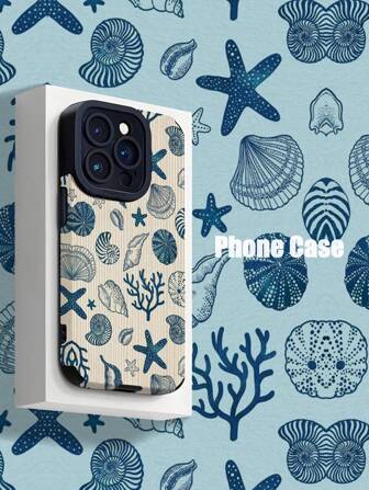 1 pieza Funda de teléfono a prueba de caídas, a prueba de huellas dactilares y resistente a los arañazos con textura y rayas verticales de concha de mar azul, compatible con Apple y otros modelos, resistente al agua