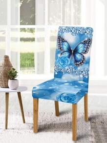 1pc 3D Butterfly Print Chair Cover, Stretch Milk Silk Full Chair Slipcover, Decorative Chair Cover For Kitchen And Dining Room - Blue - View 7