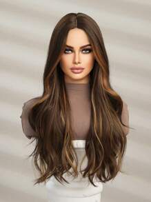26英寸女士分层中分假发，棕色混色挑染，合成纤维，自然蓬松波浪假发 - 彩色 - 查看 3