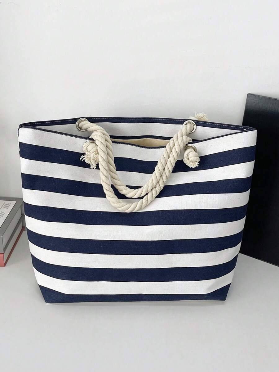 1 chiếc túi vải tote kẻ sọc thời trang dành cho nữ có quai xách bằng dây thừng, túi đeo vai dung tích lớn, thiết kế hở phía trên, không lót, thích hợp cho trường học, du lịch và mua sắm