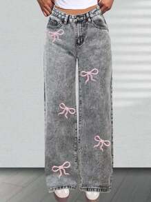 Tween Girls' Loose Casual Fashionable Comfortable Butterfly Print Wide Leg Denim Jeans, Plus Size - Grey - View 3