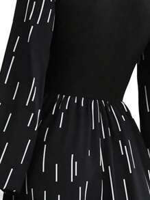 Vestido tipo suéter de manga larga con cuello alto para mujer,manga farol y estampado de rayas, Vestido largo de mujer elegante con estampado de lunares - Negro - Ver 6