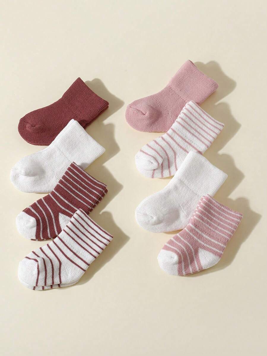8 Pairs Newborn Baby Socks, Solid Color & Striped Mid-Calf Socks, Suitable For Everyday Wear