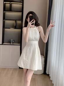 RUIWY Chiffon Apricot Color Waisted Slimming Comfortable Breathable Elegant Fashion Lady Dress, Sleeveless Short Design With Big Bow Back, Suitable For Spring And Summer