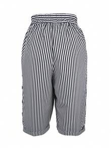 女士休闲条纹百慕大短裤（无定位印花） - 黑色 - 查看 4