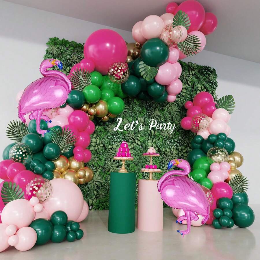 Set de 140 piezas para arco y guirnalda de globos con diseño tropical de flamencos, con globos de látex en color rosa intenso, verde oscuro y rosa claro, además de globos de papel de aluminio con diseño de flamencos, para decoración de fiesta de cumpleaños de playa, estilo hawaiano o luau de verano