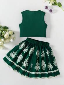 Conjunto de 2 peças de roupa casual para meninas adolescentes: regata sem mangas de malha canelada verde-menta com recortes + shorts largos com estampa floral de damasco verde-menta, adequado para uso casual diário de meninas, primavera/verão - Verde escuro - Ver 2
