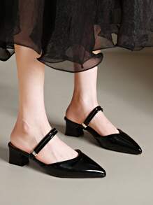 2025秋冬新款网面厚跟凉鞋，一脚蹬拖鞋，二合一设计，优雅穆勒鞋，时尚百搭 - 黑色 - 查看 7