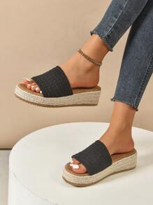 Women Rope Edged Platform Wedge Sandals, Lightweight Sole Comfortable Open Toe Handmade Woven Espadrille Sandals For Summer, Casual Beige - Black - View 4