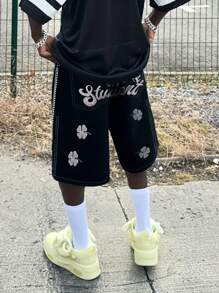 GlobeSwift 男士三叶草刺绣宽松直筒休闲嘻哈百慕大牛仔短裤 - 黑色 - 查看 2