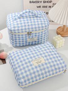 1 Pieza Bolsa de maquillaje con estampado de tablero de ajedrez para mujer, juego de bolsas de cosméticos azules lindas para decoración del hogar, bolsa con capacidad grande con asa, bolsa de maquillaje a cuadros azules, adecuada para almacenar brochas de maquillaje, lociones, limpiadores faciales, lápices labiales, pequeña bolsa de belleza para salones de uñas