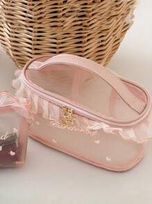 1Pc/Set Pink Ruffle Lace Heart Embroidery Mesh Multi-Functional Cosmetic Organizer Wallet Pouch Portable Cosmetics Brush Storage Clutch With Zipper Closure For Lipstick, Brush, Skincare, Mobile Phone, Coin, Small Items, For Home, Travel, Vacation And School Use
