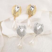 1 Pair Elegant Geometric Metal Rhinestone & Pearl Decorative Pendant Earrings, Suitable For Women's Daily Wear