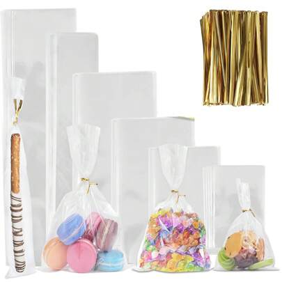 100pcs Clear Cellophane Treat Bags With Sizes 8x12cm/12x20cm/18x25cm/5x25cm/8x28cm, Reusable Treat Bags With Ties For Pretzel Rods,Bakery, Cookies, Candies,Dessert