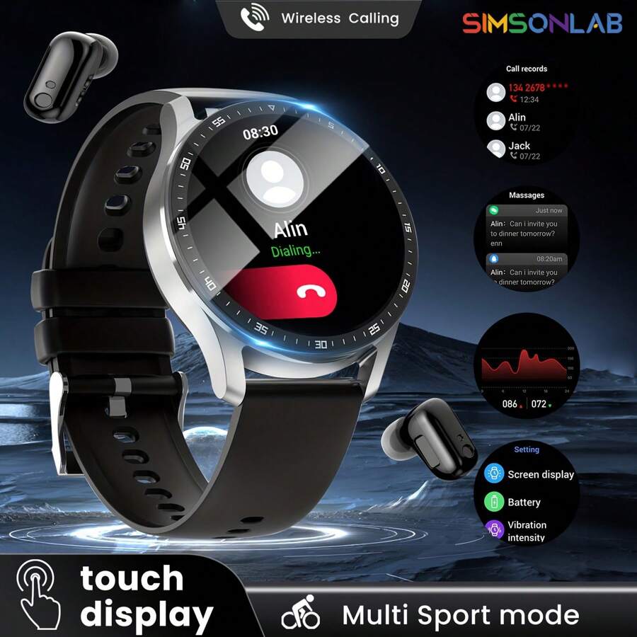 SIMSONLAB Smartwatch: Reloj y auriculares 2 en 1 definitivos con asistente de voz y pantalla HD IP67 resistente al agua, conectividad Bluetooth, llamadas telefónicas, compatible con Android e iOS, adecuado para hombres/mujeres - Negro - Ver 1