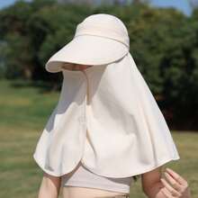 1pc Solid Color Large Brim Hat With Detachable Face Mask, Shoulder Cape For Sun Protection Polyester, Spring Season