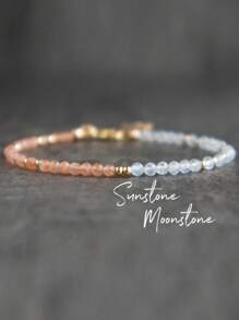 1pc Adjustable Natural Sunstone & Moonstone Beaded Bracelet, 3mm Faceted Genuine Gemstone Bracelet, Suitable For Women's Daily Wear