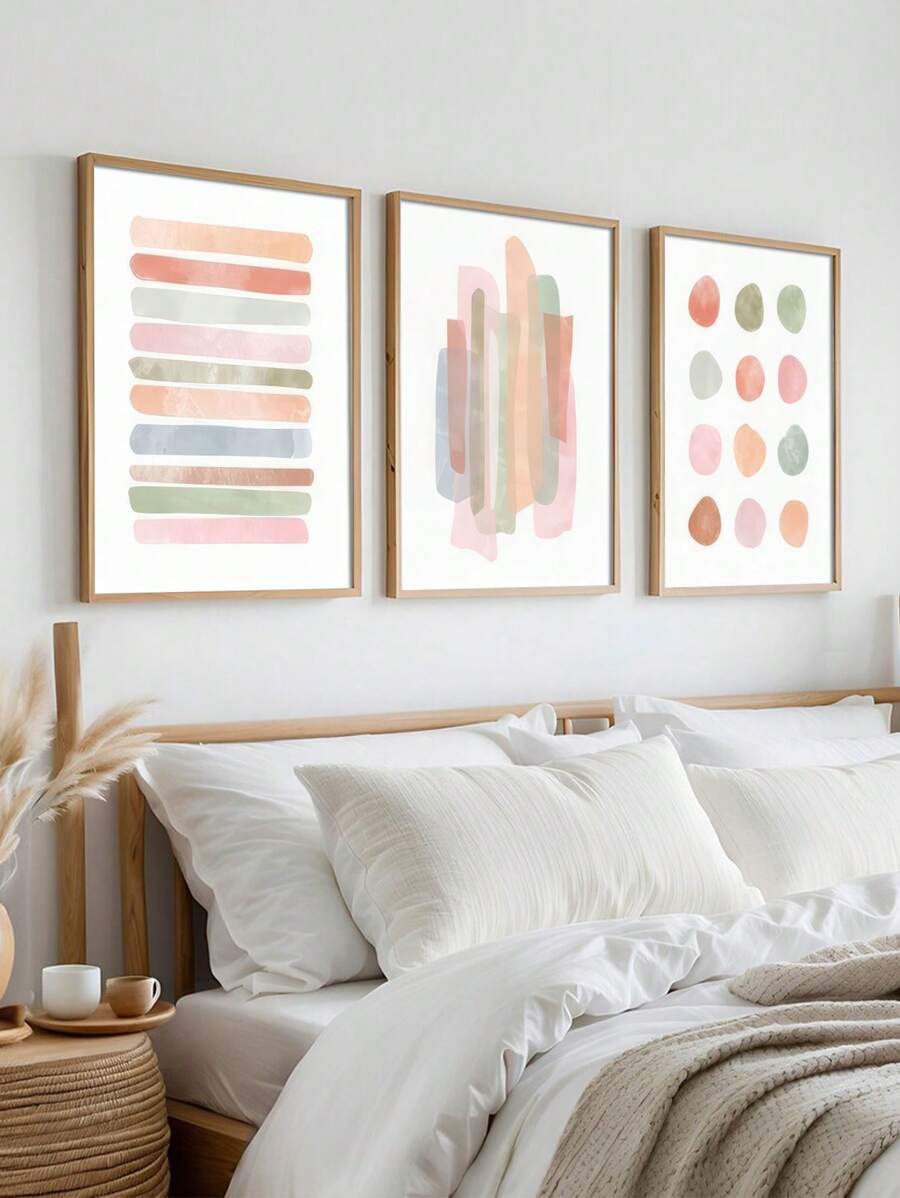 3件套现代抽象墙画套装，米色极简波点条纹图案，柔和色调帆布画，适合时尚客厅、家庭办公室或走廊装饰 - 无框，墙面装饰 - 彩色 - 查看 1