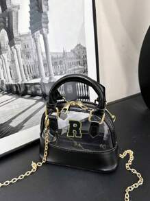 1pc 1pc Pu Zipper Opening And Closing Korean Version Of Girls' Fashionable Transparent Shell-Shaped Jelly Handbag, Fashionable Chain Shoulder Crossbody Evening Bag, Niche Design Comfortable Shoulder Strap, Versatile And Not Picky, Suitable For Dinner, Going Out, Playing, A Perfect Gift For Girls (Letter Diy) - Black - View 6