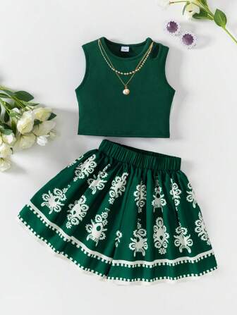 Set de 2 piezas para outfit casual de niña preadolescente: Top sin mangas de punto acanalado verde menta con recortes + Pantalones cortos anchos con estampado floral albaricoque verde menta, adecuado para uso casual diario de niñas en primavera/verano