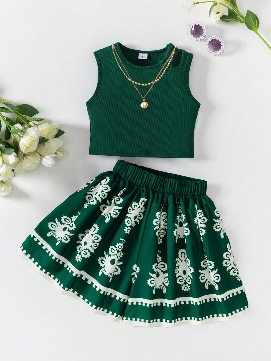Conjunto de 2 peças de roupa casual para meninas adolescentes: regata sem mangas de malha canelada verde-menta com recortes + shorts largos com estampa floral de damasco verde-menta, adequado para uso casual diário de meninas, primavera/verão - Verde escuro - Ver 1