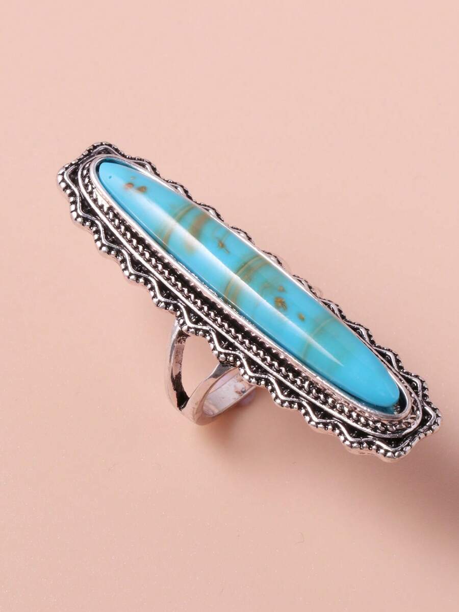 1pc Turquoise Blue Fashion Long Ring, Magazine Style Oversize Ring For Women, Spring - Blue Stripes - View 1