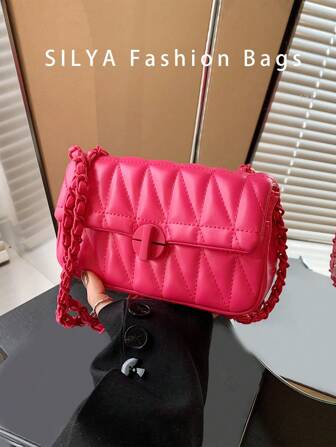 1pc Fashion Quilted Chevron Pattern Crossbody Shoulder Bag - Compact PU Material Bag For Women, With Security Twist Lock