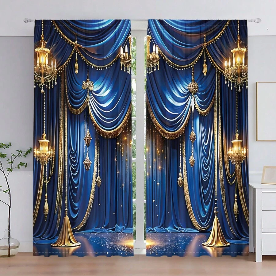 2pcs, Gold & Blue Faux Noble Style Curtains, Digital Printing, Sheer Polyester Material, Slightly , Suitable For Living Room, Kitchen, Bedroom, Study, Bathroom, Hotel, Dining Room, Home Decor