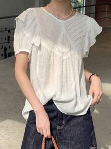 Damen lässiges luftiges Kurzarm Top mit gerüschtem Saum und rundem Ausschnitt