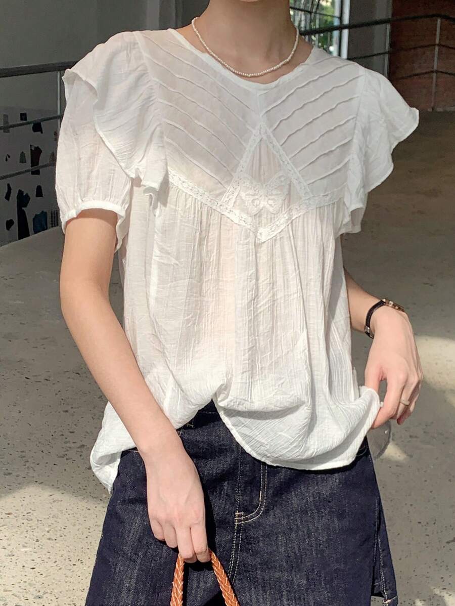 Damen lässiges luftiges Kurzarm Top mit gerüschtem Saum und rundem Ausschnitt
