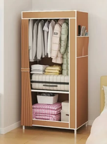 1 pieza Armario portátil, armario de moda multifuncional, a prueba de polvo, de pie, estantería de almacenamiento con cortina para dormitorio/sala de estar, regalo para vacaciones/Navidad/niños - Multicolor - Ver 1