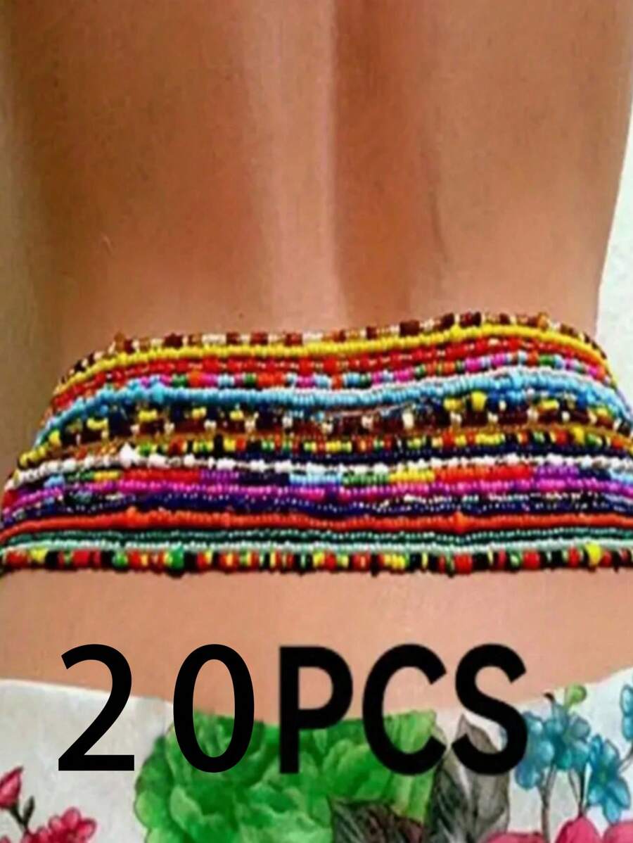 20pcs/Set Random Color Bohemian Style Elastic Beaded Waist Belt/Chain, Women's Summer Bikini Sexy Body Jewelry - Multicolor-random 20PCS - View 1