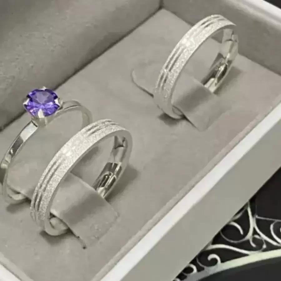 Pair Of Engagement And Promise Rings In 950 Silver 3mm Minimalist And Solitaire Ring White Pink Blue - Silver - View 1