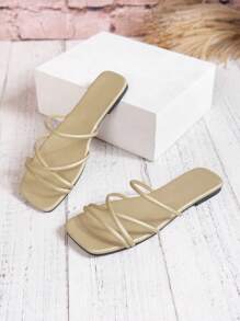 夏季新款方头平底拖鞋，金色经典室内户外时尚舒适轻便一脚蹬凉鞋 - 金色 - 查看 4