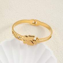 1 件女士简约金色不锈钢手镯，镶有方晶锆石，钛钢生命树设计，百搭优雅，是绝佳的礼物选择