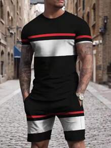 2 pièces ensemble t-shirt à manches courtes et shorts imprimé rayures graphiques, tenue de sport décontractée et ample pour hommes confortable