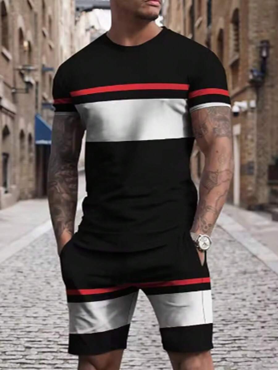 2 pièces ensemble t-shirt à manches courtes et shorts imprimé rayures graphiques, tenue de sport décontractée et ample pour hommes confortable