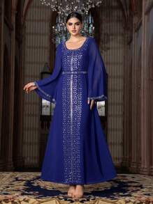 Faeriesty Abaya 优雅雪纺晚礼服，饰有垂直水钻 - 合身的廓形、飘逸的垂坠感以及袖子和腰部精致的珠饰，非常适合晚会、婚宴、文化仪式 - 寶藍色 - 查看 4