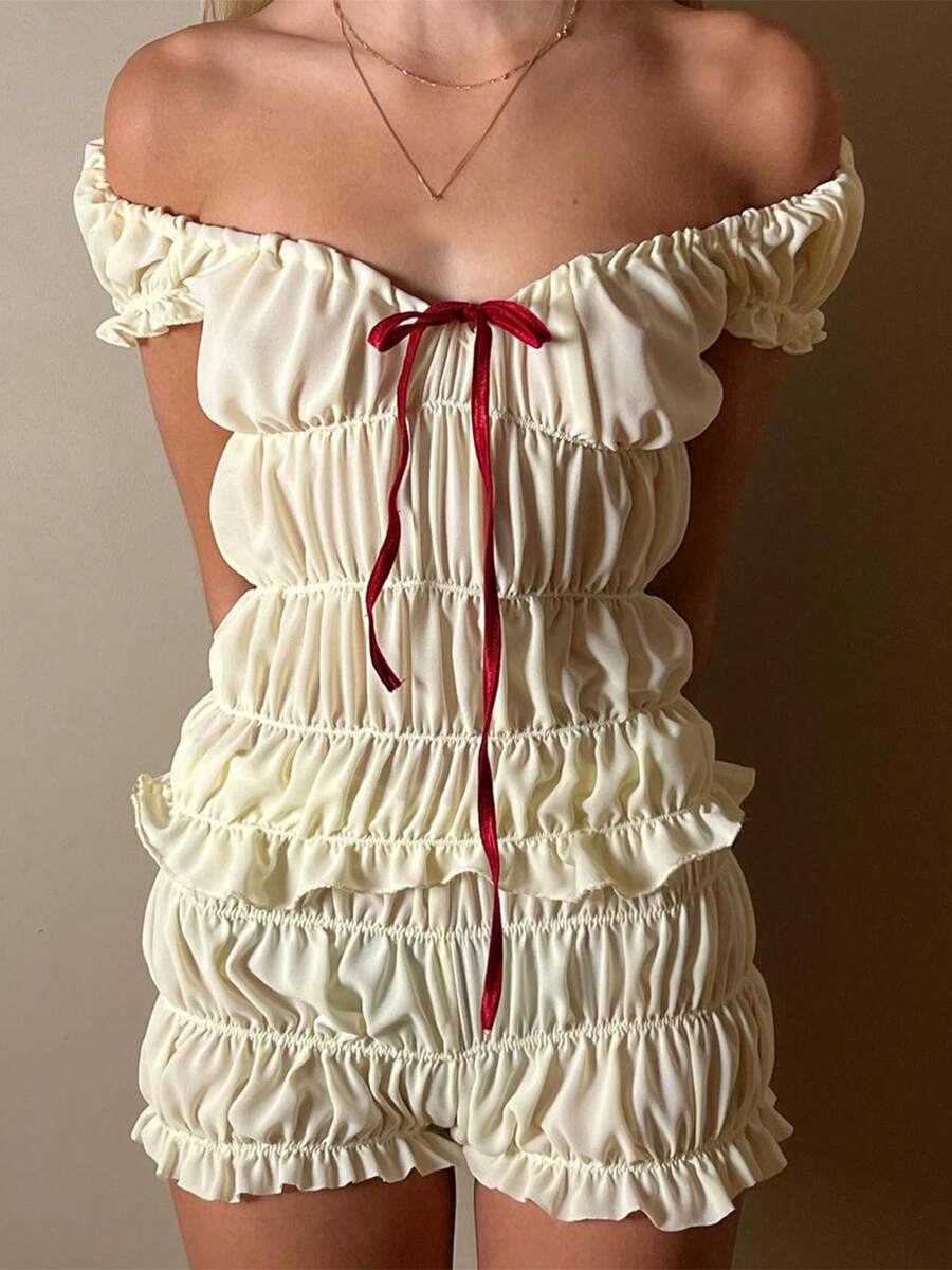 Women's Summer 2 Piece Outfits Short Sleeve Ruched Tops Solid Color/Plaid Shorts Set - 米色 - 查看 1