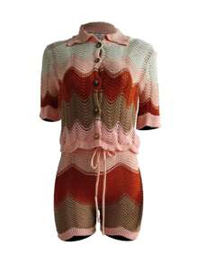 Colorblock Button Front Shirt & Drawstring Waist Shorts - Pink - View 4