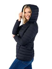 Women's Puffer Jacket Quilted Lightweight Padding Hood Packable Bubble Coat - Black - View 2