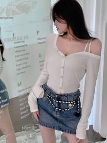 Elegant White Bow Strap Sexy Cold-Shoulder Long Sleeve Top For Women, Suitable For Dates, Outings, And Commuting, Christmas, Autumn/Winter - White - View 5