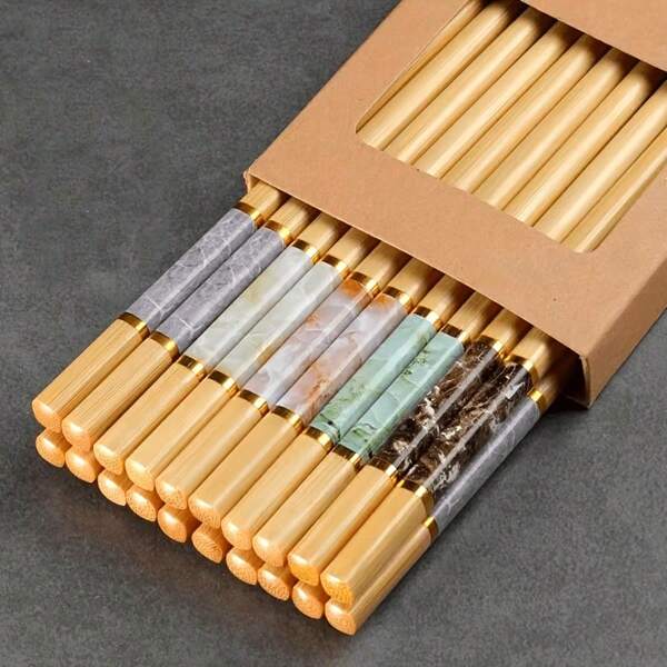 5 / 10 أزواج أعواد طعام إعادة الاستخدام من البامبو، تصميم بطباعة البامبو، مقاومة للانزلاق، آمنة للغسل بالغسالة، طقم أعواد طعام خفيفة الوزن، مناسبة للأعراس والحفلات ومستلزمات المدرسة